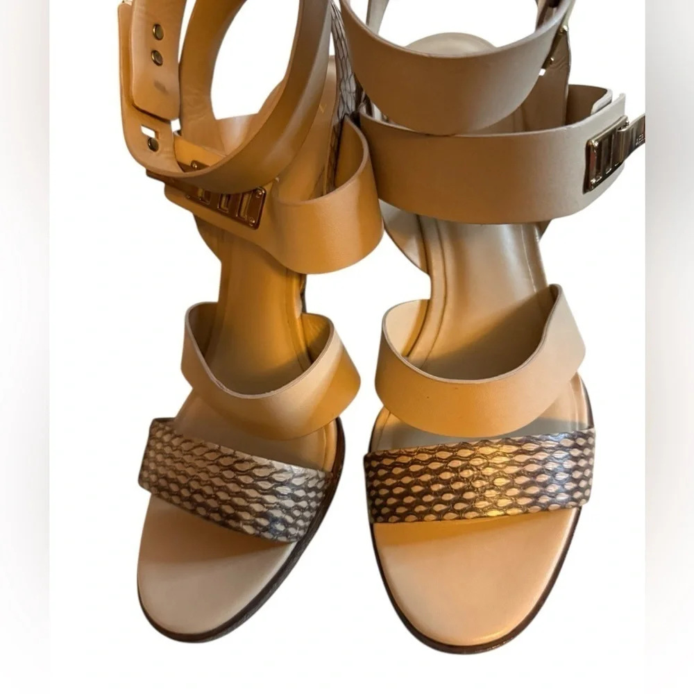 Aerin Metal Clasp Leather Strappy Heels